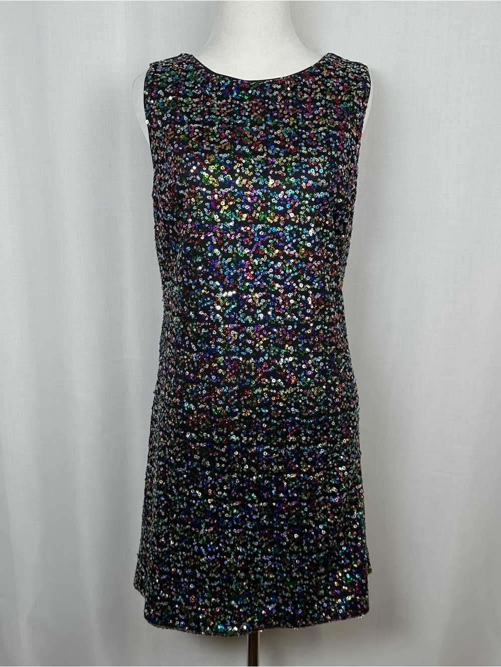 Betsey Johnson Rainbow Sequins Mini Dress 4 Black Shift Cocktail Party Disco NYE